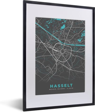 Fotolijst incl. Poster - België – Hasselt – Stadskaart – Kaart – Blauw – Plattegrond - 30x40 cm - Posterlijst
