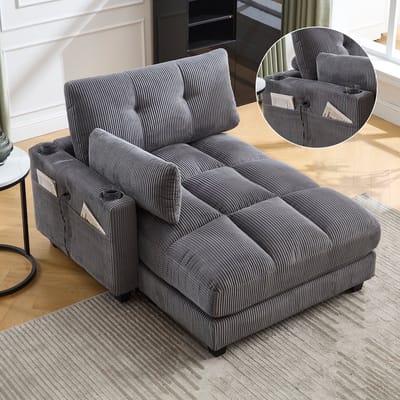 Fauteuil met palmbladmotief, zachte gestreepte kussens, armleuning met verrijdbare kussens, hoofdsteun, drie bekerhouders en een zijvak; geschikt voor zowel de woonkamer als de slaapkamer; grijs