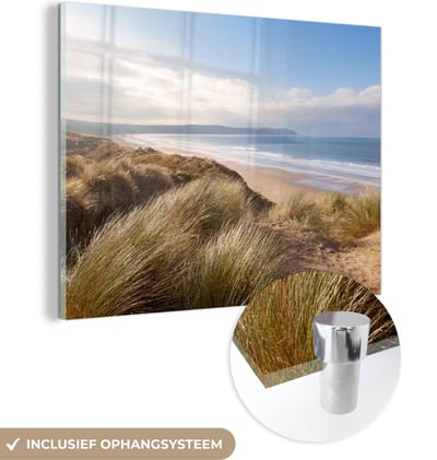 MuchoWow® Glasschilderij 120x90 cm - Schilderij acrylglas - Duin - Strand - Water - Foto op glas - Schilderijen