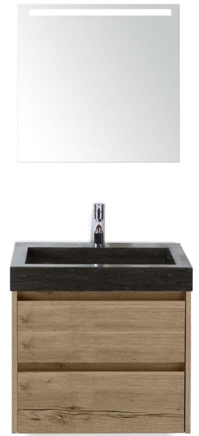 Dante Badmeubelset 60 cm - Natuur Eiken - Wastafel Hardsteen Wit Lucca met Sence Spiegel