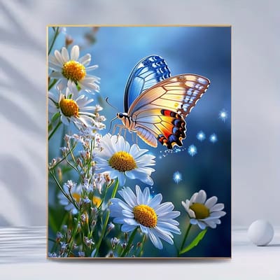diamond painting bloemen - margrieten en vlinder 30 x 40 cm