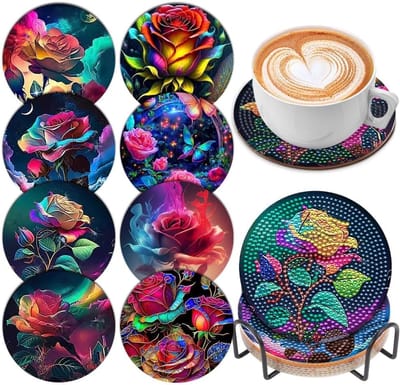 Namajunas - Diamond painting - Onderzetters met houder - DIY Diamant Schilderij Glas Onderzetters - Set van 8 - Antislip-onderzetters voor drankjes - Ronde keukentafel decoratie - Cadeaus voor volwassenen en kinderen - Rroos