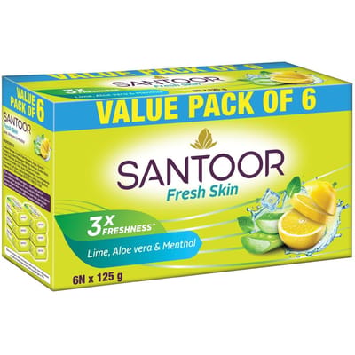 Savon de bain Santoor Fresh Skin Aloe Vera & Citron Vert avec Propriétés Nourrissantes & Anti-Âge | Pour une Peau Lisse, Douce et d'Apparence Plus Jeune | Pour Tous les Types de Peau yellow