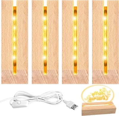 Set van 4 LED-lampen met displaybasis, houten LED-lichtbasis en USB-kabel voor DIY-acrylplaten en glazen borden