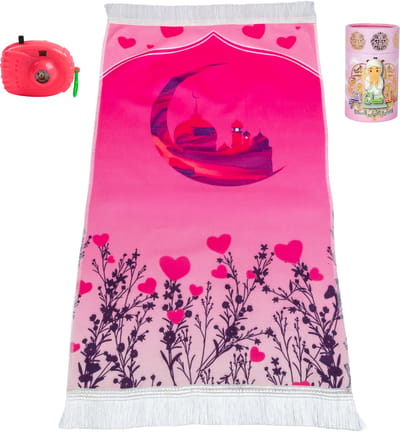 Islamitische Gebedsgeschenkset voor Kinderen – Zacht Fluwelen Gebedskleed, Tasbih, Speelgoedcamera & Spaarpot | Moslim Sajadah – Roze