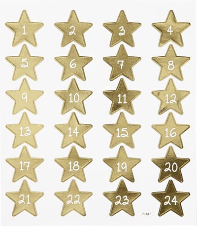 Advent Stickers - Gouden Sterren Met Cijfers 1-24 - DIY Decoratie Voor Kaarten en Kerst - Afmetingen 15x16,5cm - 24 Stickers - 1 Vel