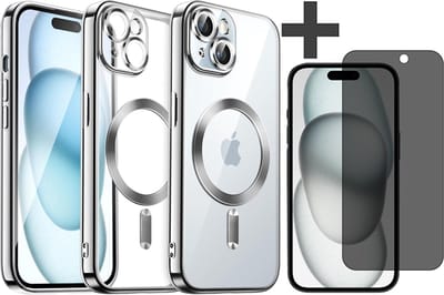 Hoesje met Privacy Screenprotector Geschikt voor iphone 15 Hoesje - Geschikt voor MagSafe - Arara siliconen Backcover - Zilver