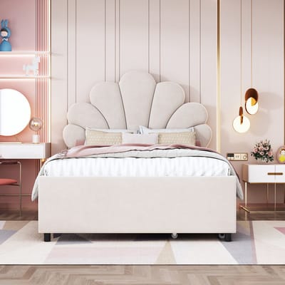 SINGULARITY-Gestoffeerd kinderbed 90 x 200 cm- bedframe met bloemenhoofdbord en lattenbodem- met 2 opbergvakken- beige- zonder matras