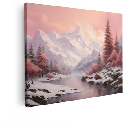Artaza Canvas Schilderij Bergen - 80x60 cm - Wanddecoratie Natuur Landschap - Muurdecoratie Winter Rivier - Schilderijen Op Canvas Roze