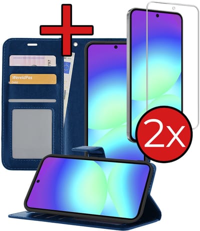 Hoesje - Met 2x Screenprotector - Geschikt voor Samsung Galaxy A56 - Luxe Pasjeshouder - Flip Case - Bookcase Portemonee - Kunstleer Book Case - Flipcase Hoes - Book Cover - Walletcase - Portemonneehoes - Telefoonhoes - Donkerblauw