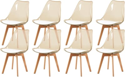 Eetkamerstoelen-Eetkamerstoelen set van 8-transparante bruine rugleuning -vintage stijl- met massief beukenhouten poten-Transparant bruin - wit PU-leer.