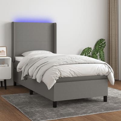vidaXL - Boxspring - met - matras - en - LED - stof - donkergrijs - 90x200 - cm