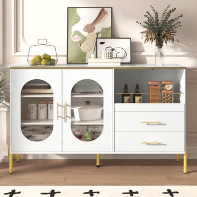 Gutent Dressoir - 2 lades - 2 glazen deuren - Wit - gouden versiering