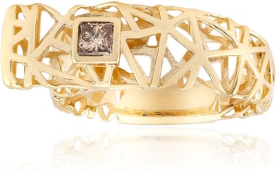 Cavill - Gouden Ring 9K met 0,158 ct I2 Champagne Diamant Princess Geperst - Modern Raster Ontwerp - Elegante Luxe Dames Ring