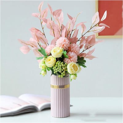 Kunstbloemen Boeket - Nep Bloemen - Huis Decoratie - Met Keramiek Vaas - 1 Boeket - Multicolor