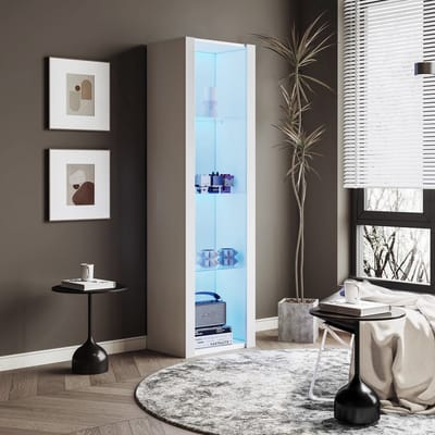 Wishdor Vitrinekast - Hoogglans Panelen - App-Gestuurde Ledverlichting - 3 Glazen Planken - Spaanplaat - Wit - 55 x 38 x 166 Cm