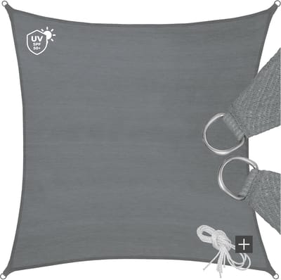 tectake® Schaduwdoek - Zonneluifel - Zonnescherm voor balkon, terras of tuin - UV-bescherming - Met haken en spankabels - Vierkant 4x4m - Grijs