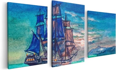 Artaza Canvas Schilderij Drieluik Oude Piratenschip Zeilboot Getekend - 120x60 - Foto Op Canvas - Canvas Print