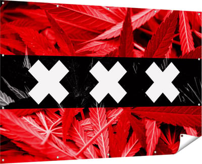 Gards Tuinposter Amsterdamse Vlag met Cannabis Achtergrond - 180x120 cm - Tuindoek - Tuindecoratie - Wanddecoratie buiten - Tuinschilderij