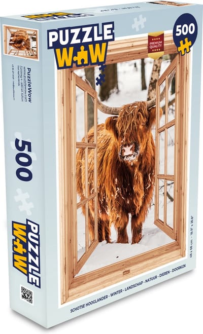Puzzel Schotse Hooglander - Winter - Landschap - Natuur - Dieren - Doorkijk - Legpuzzel - Puzzel 500 stukjes
