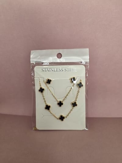 EHH Beauty- Zwarte Klaver Sieraden set – Ketting, Armband & Oorbellen –9mm - Goudkleurig – Gelukssymbool – Cadeau voor Vrouwen
