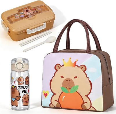 Thijox - Geïsoleerde Lunchtas Capybara met Bento Lunchbox en Waterfles - Herbruikbare Koeltas voor School, Kantoor en Uitjes - Schattige Cartoon Diere
