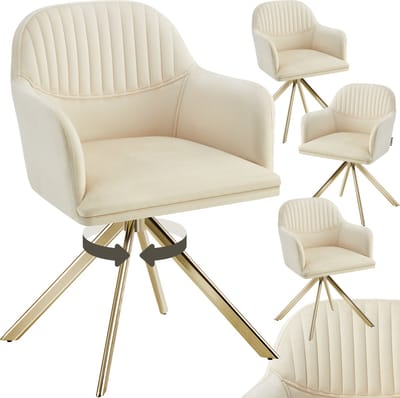 tectake® Fluwelen draaistoel - Bureaustoel - Eetkamerstoel met armleuningen - Fluwelen bureaustoel, keukenstoel, woonkamerstoel - 56 x 59 x 81 cm - Set van 4 - Creme/goud