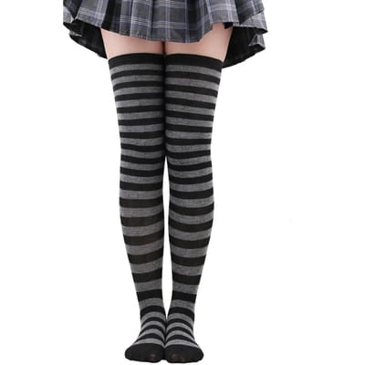 Bas autofixants Rayés Femmes Filles Noir Blanc Rose Longs Au-dessus du Genou Chaussettes Femboy Cosplay Lolita Harajuku Y2K One Size black