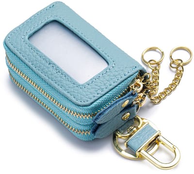 Echt lederen sleuteletui met dubbele ritssluiting - Heuptasje van hoogwaardig rundleer - Unisex - Sleutelhouder - Draagbaar -Autosleutel leren etui - autosleutel unisex leren etui met transparante rits en venster -Lichtblauw