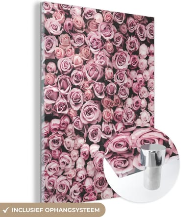 MuchoWow® Glasschilderij 30x40 cm - Schilderij acrylglas - Bloemen - Rozen - Natuur - Roze - Botanisch - Foto op glas - Schilderijen