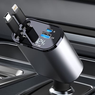 Intrekbare USB C Autolader Socket Adapter 60W met 2 rekbare PD Kabels Voltmeter LED Compatibel met iPhone iPads Samsung Huawei voor 12V 24V Caravan Camper