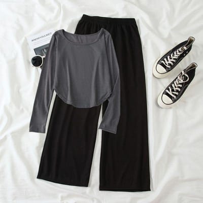 Costume pour femmes T-shirt à manches longues Haut court Pantalon Pantalon à jambes larges Mode Décontracté Sport Ensemble deux pièces 2XL gris
