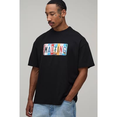 Zwart Oversized T-shirt Met Kentekenplaat Print | Black | Size Medium