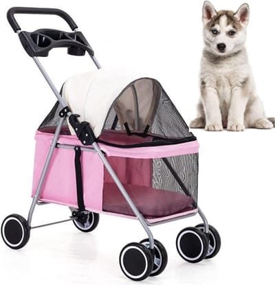 Huisdier Wandelwagen - Hondenbuggy Kattenwagen - Comfortabel Reizen - Opvouwbaar Met Bekerhouder - 18 x 27 x 36 inch - Roze