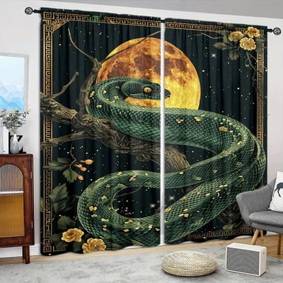 2 stuks Gordijn met Maan en Slang Print voor Huisdecoratie - Tunnel voor Roede Raambekleding voor Slaapkamer, Kantoor, Keuken, Woonkamer en Studeerkamer 52.5cmX116cmX2pcs gray