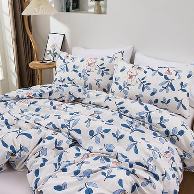 3-delige blauw blad konijn dekbedovertrek schattig cartoon patroon huidvriendelijk 100% polyester 1 dekbedovertrek 2 kussenslopen geen vulling 150x220cm