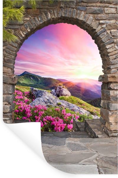Muurstickers - Sticker Folie - Landschap - Doorkijk - Bloemen - Berg - 20x30 cm - Plakfolie - Muurstickers Kinderkamer - Zelfklevend Behang - Zelfklevend behangpapier - Stickerfolie