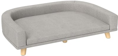 PawHut Hondensofa, Huisdierensofa, Kattensofa met kussen, Hondenbed voor grote honden, Hondenbank met verhoogd design, Hondenstoel met houten poten, Grijs, 98 x 67 x 25 cm