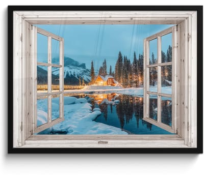 Poster in lijst - Fotolijst 70x50 cm - Posters - Doorkijk - Winterlandschap - Natuur - Huis - Bergen - Posterlijst zwart - Decoratie - Wanddecoratie woonkamer - Muurdecoratie slaapkamer