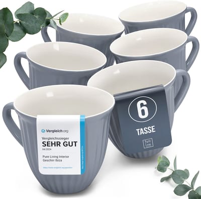Pure Living Hygge Koffiemokken - Grijsblauw - 6 Stuks - Krasbestendig Aardewerk - Magnetronveilig