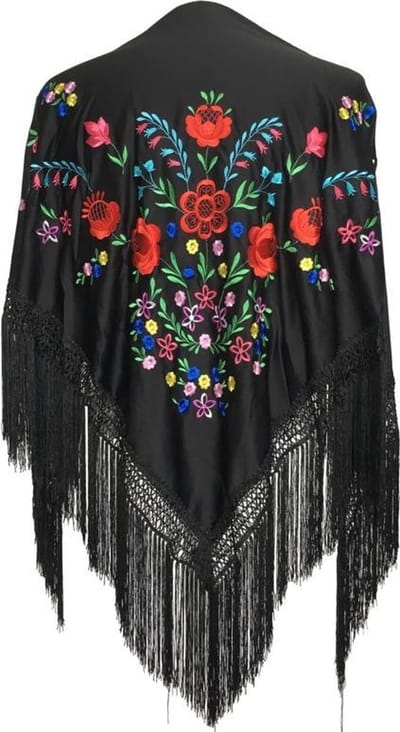 Spaanse manton - omslagdoek - zwart met bloemen barca bij verkleedkleding of flamenco jurk