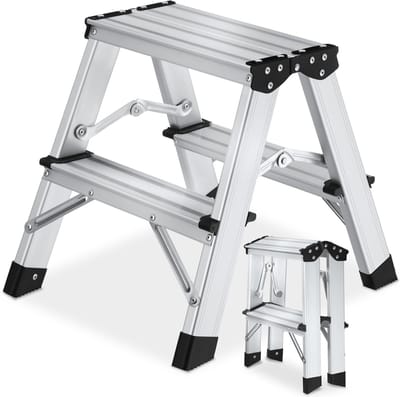 tectake® Dubbelzijdige Aluminium Keukentrap - 2 Treden - 38,5 cm - Stevige Trap Ladder - Opklapbaar Opstapje - Antislip Huishoudtrap