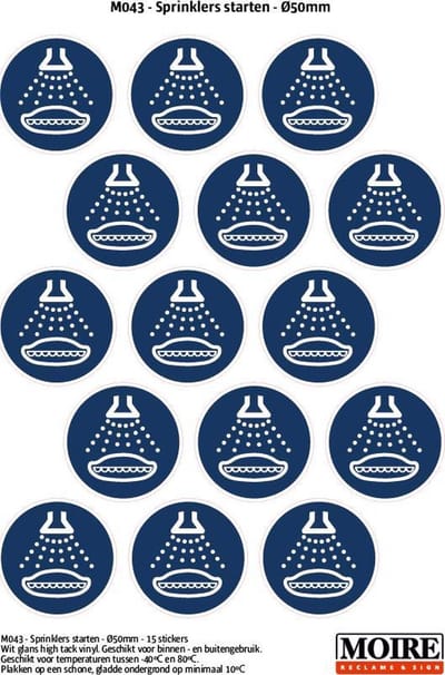 Pictogram sticker 75 stuks M043 - Sprinklers starten - 50 x 50 mm - 15 stickers op 1 vel