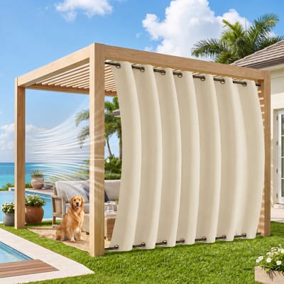 MUPOO Extra Brede Buitengordijnen Waterdicht & Stormbestendig 254cm - Met Dubbelzijdige Bevestiging tegen Wind - Verduisterend & UV Werend - Outdoor Gordijnen voor Terras & Pergola - 254x274 cm - Beige - 1 Stuk (Rideau Extérieur Imperméable)