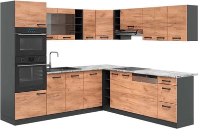 Vicco Hoekkeuken R-Line, Antraciet/Goudkleurig Eiken, 247 x 237 cm, WB Marmer