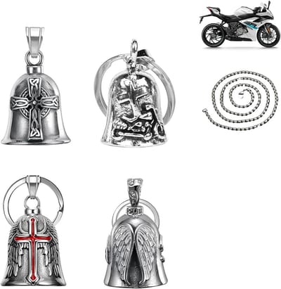 Beschermingsbel Set - Geluksbedeltje Motor - Veiligheid Onderweg - Roestvrij Staal - 4 Stuks - Zilverkleurig
