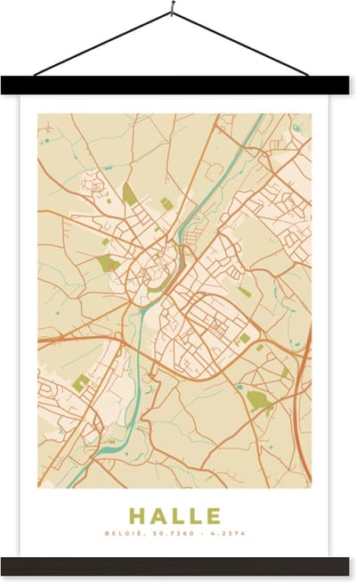 Posterhanger incl. Poster 40x60 cm - Schoolplaat - België - Kaart - Plattegrond - Stadskaart - Halle - Textielposter - Zwarte latten - Stadskaart
