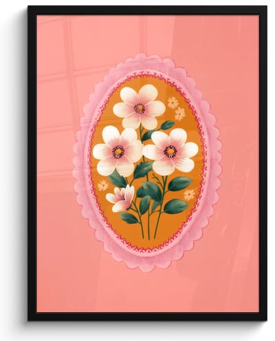Poster in lijst - Fotolijst 60x80 cm - Posters - Illustratie - Bloemen - Rand - Roze - Posterlijst zwart - Decoratie - Wanddecoratie woonkamer - Muurdecoratie slaapkamer