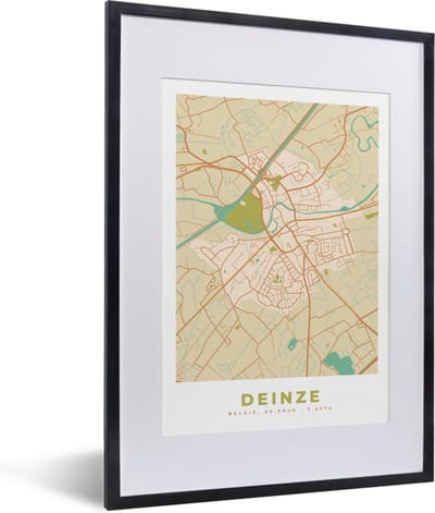 Fotolijst incl. Poster - Kaart - Deinze - Plattegrond - Vintage - Stadskaart - 30x40 cm - Posterlijst