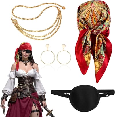 Piratenkostuum voor Dames - 4-delige Set met Hoofdband, Oogmasker, Tailleketting en Oorbellen voor Halloween en Cosplay Feestjes
